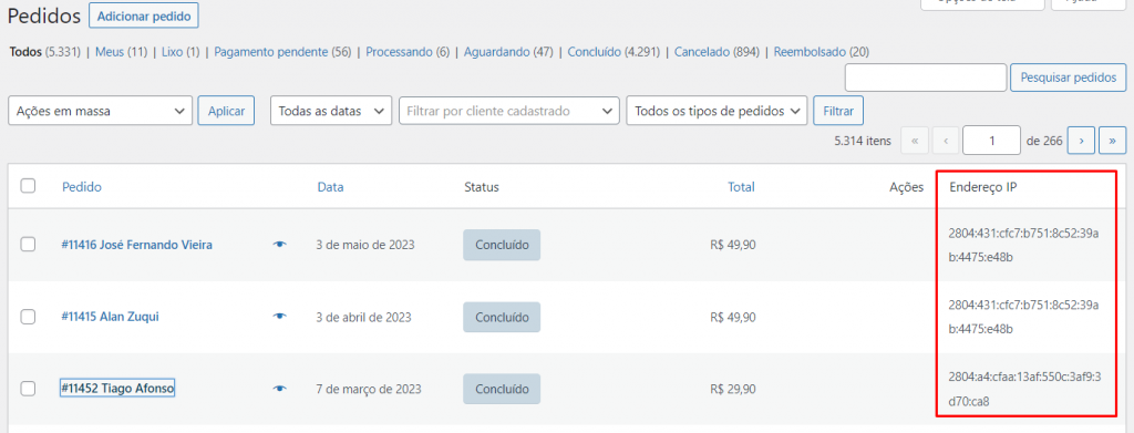 Coluna de IP do comprador no WooCommerce