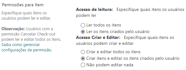 permissões de usuários nas Listas do SharePoint